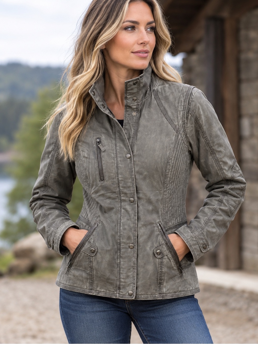 Womens Olive Utility Moto Jacket